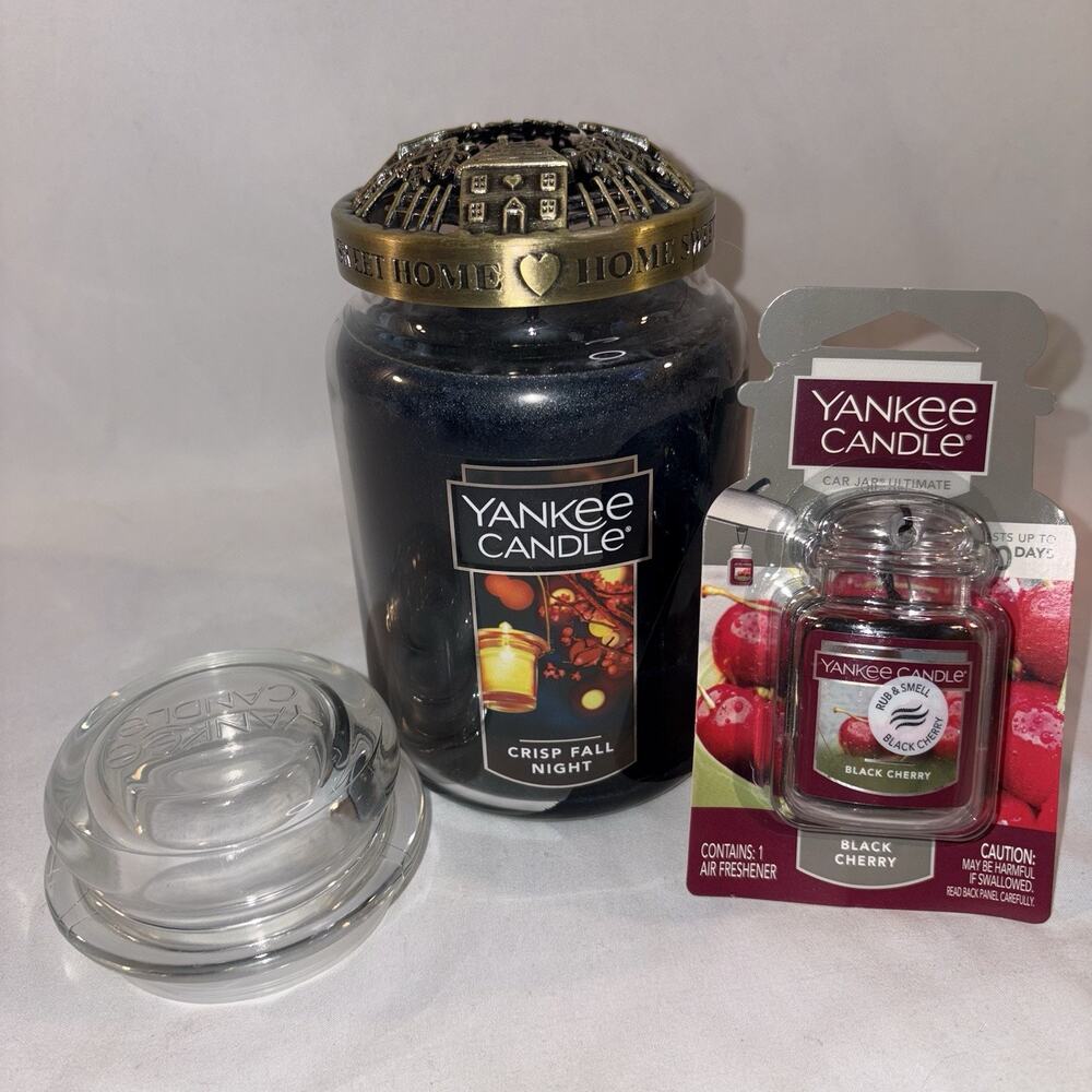 Yankee Candle Crisp Fall Night BUNDLE w Candle Topper And Cherry Car Jar